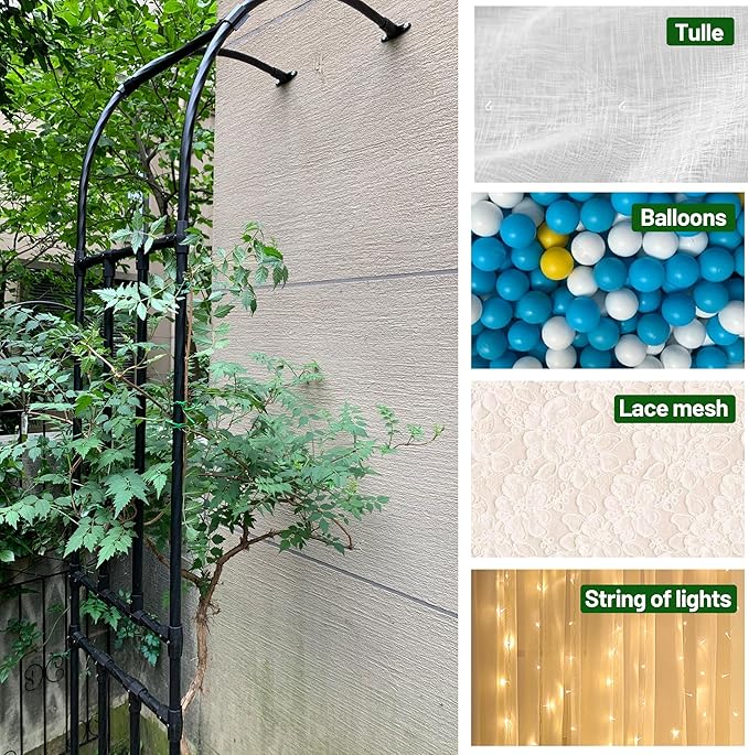 Twira Half Side Garden Arch Trellis, 7.9FT Metal Garden Arbor Trellis for Climbing Plants Outdoor, Black Half Arch Wedding, Garden Archway Arbors and Trellises Decoration for Lawn, Patio, Backyard