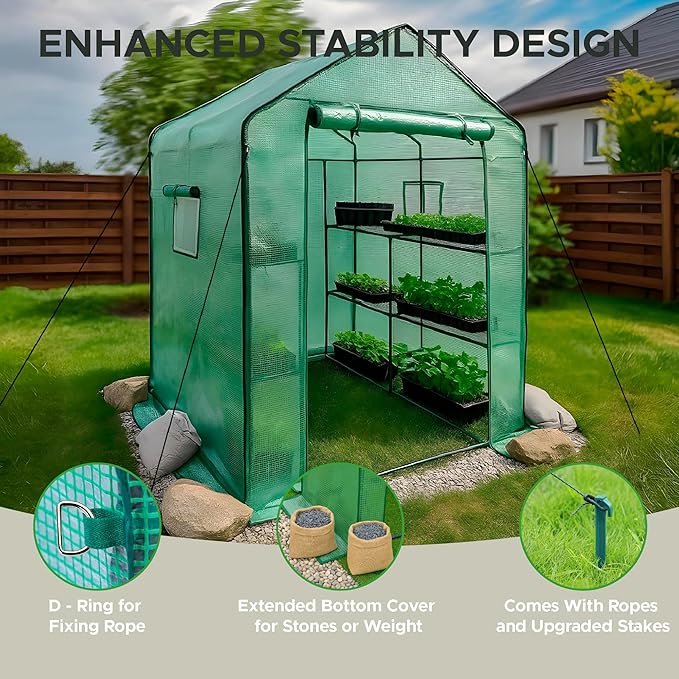 Elly Walk-in Outdoor Greenhouse with Durable PE Cover 56 x 56 x 76 Portable Green House with 2 Mesh Side Windows, Shelf Clips, 3 Tier 8 Shelves Heavy Duty, Plant House with Roll-up Zipper Door