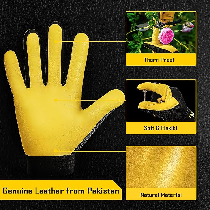 COOLJOB Breathable Mesh Cowhide Leather Work Gloves with Grip, Thorn Resistant Gloves for Gardening Pruning, 1 Pair, S-XL