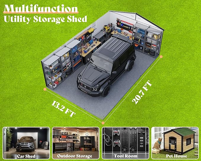 AMERLIFE 13.2x21x8 FT Outdoor Metal Garage Shed, Extra Large Storage Shed with Double Hinged Doors, 4 Windows, Carport for Car, Truck, Bicycle and Garden Equipment, Dark Gray