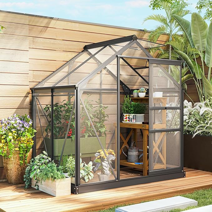 Outsunny 6' x 4' Greenhouse for Outdoors, Polycarbonate Greenhouse with Rain Gutter and Roof Vent, Aluminum Walk-in Green Houses for Outside for Patio Backyard Garden, Gray
