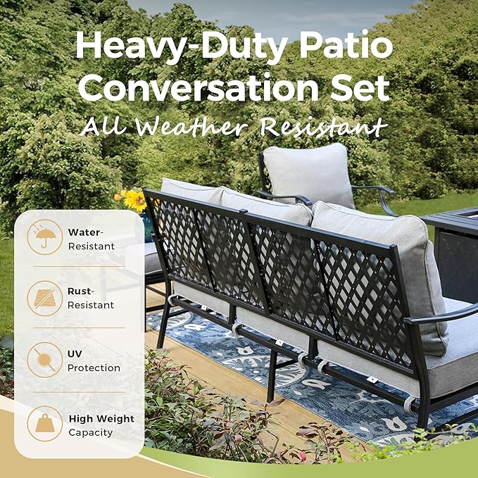 Patio Furniture Set with Firepit Table, 4 Pcs Metal Outdoor Conversation Set, 2 Swivel Chairs and 3 Seater Sofa with 5.75" Extra Thick Cushion and Gas Fire Pit Table for Backyard Deck, Grey