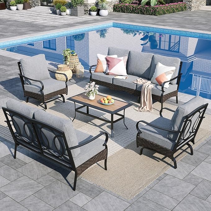 Sophia & William Patio Furniture Set, 5 Piece Metal Outdoor Conversation Set with 3-Seater Outdoor Couch, 2 Sofa Chairs, 1 Loveseat,1 Coffee Table for Outdoor Seating, Backyard, Porch(Grey)