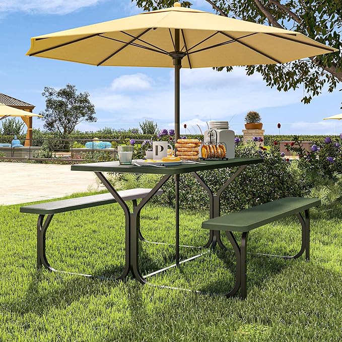 YITAHOME 6ft Outdoor Picnic Table with Wood-Like Tabletop, Sturdy Steel Frame and Umbrella Opening, Heavy Duty Picnic Table Ideal for Yard, Patio, Lawn Gatherings, Green