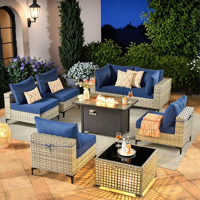 Outdoor Sectional Patio Furniture Set with Fire Pit Table and Glowing Table,8 Pieces Wicker Conversation Sets L Shaped Couch Out Door Sofa Set Outside Furniture for Garden Deck Yard,Navy Blue