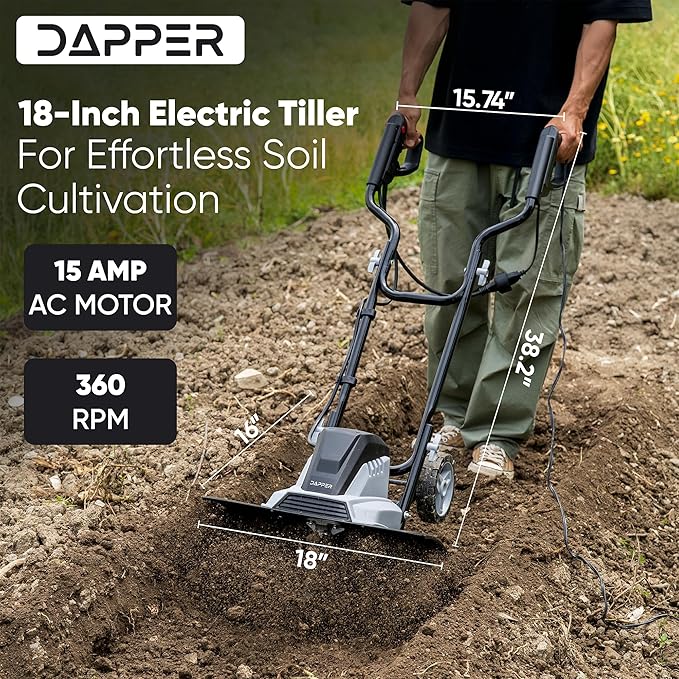 18 Electric Tiller Cultivator, 15Amp Corded Garden Rototiller with 6 Steel Tines, Adjustable Depth Wheels, Powerful Soil Cultivator for Gardening and Landscaping