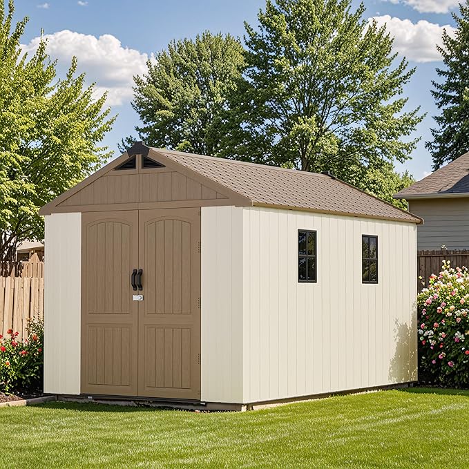 Patiowell 8 x 12 FT Plastic Outdoor Storage Shed with Floor, Resin Shed with Window and Lockable Door for Garden, Backyard, Tool Storage Use, Easy to Install in Brown (Kick-it Shed)