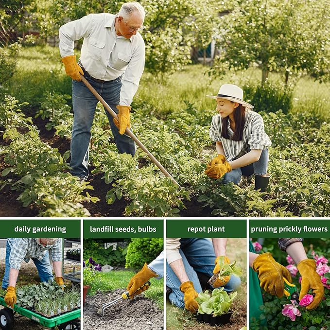 Gardening Work Gloves Leather: Garden Men Women Thorn Proof Cowhide Gardening Gloves for Heavy Duty Yard Work