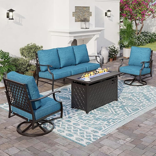 4 Piece Metal Outdoor Patio Furniture Sets with 5000 BTU Firepit Table, Patio Conversation Sets 3-seater Sofa, 2 Swivel Chair with 5.75" Thick Cushion, Black Backyard Furniture, Blue-2