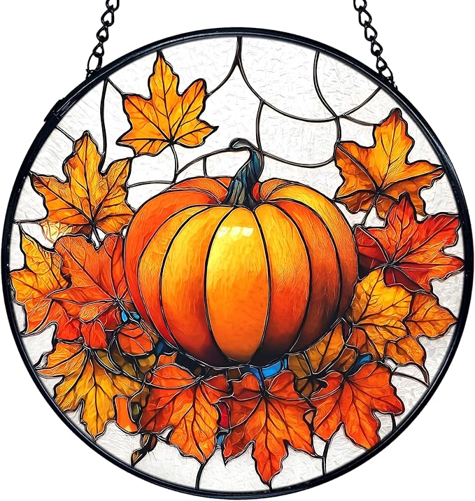 TNUW Fall Pumpkin Stained Glass Window Hanging, Farmhouse Autumn Pumpkin Maple Leaf Sun Catchers Indoor Window Glass Round Wall Art Decor, Rustic Fall Wall Hanging Decorations, 7.9＂x7.9＂