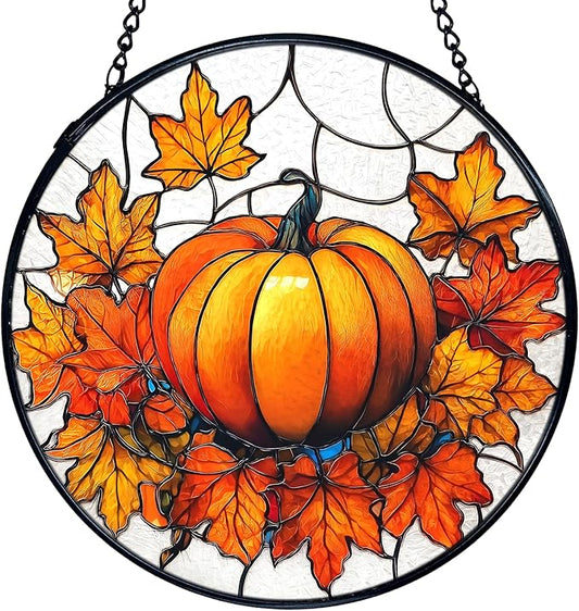 TNUW Fall Pumpkin Stained Glass Window Hanging, Farmhouse Autumn Pumpkin Maple Leaf Sun Catchers Indoor Window Glass Round Wall Art Decor, Rustic Fall Wall Hanging Decorations, 7.9＂x7.9＂