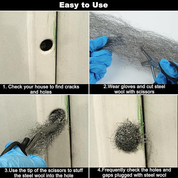 Steel Wool Mice Control 4'' * 42' Total Rodent Control Fill Fabric, Steel Wool Pads Mouse Blocker, Hole Filler Keep Mice Away from Holes Wall Cracks Gaps(4 Rolls)