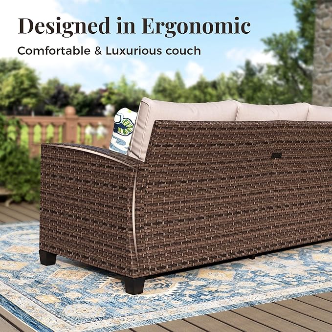 Patio Furniture Set, 8 Pcs Wicker Rattan Outdoor Conversation Set, 4 x Leg Chairs, 1 x 3 Seater Sofa and 2 x Ottomans with 4" Thick Cushion and 32" Fire Pit Table, Beige