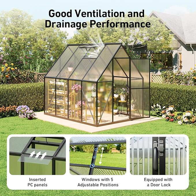 6x8FT Outdoor Greenhouse, Polycarbonate Green House, Small Walk-in Greenhouse with Vented Roof Window, Windproof Aluminum Frame with Quick-Installation Structure, Suitable for Gardening