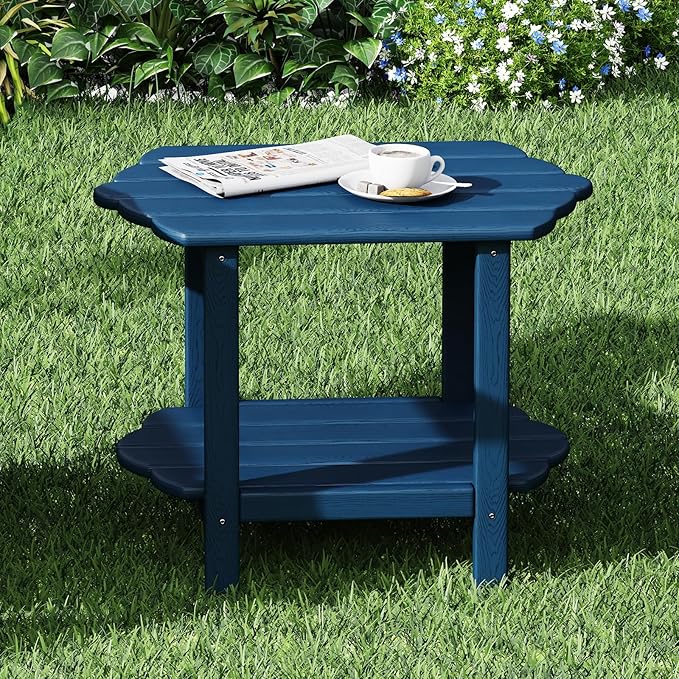 Small Outdoor Side Tables Modern 2-Tier Adirondack Table Rustic End Table HDPE Storage Shelf Industrial Corner Rectangle Coffee Table for Patio Garden Balcony Backyard Pool Farmhouse Home Blue