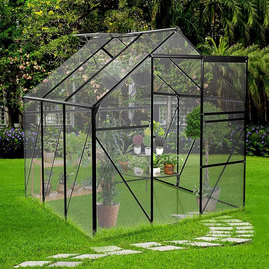 6X6 FT Polycarbonate Greenhouse, All Season Heavy Duty Walk-in Garden Plants Green House for Outdoor Backyard, Raised Base and Anchor Aluminum, Black