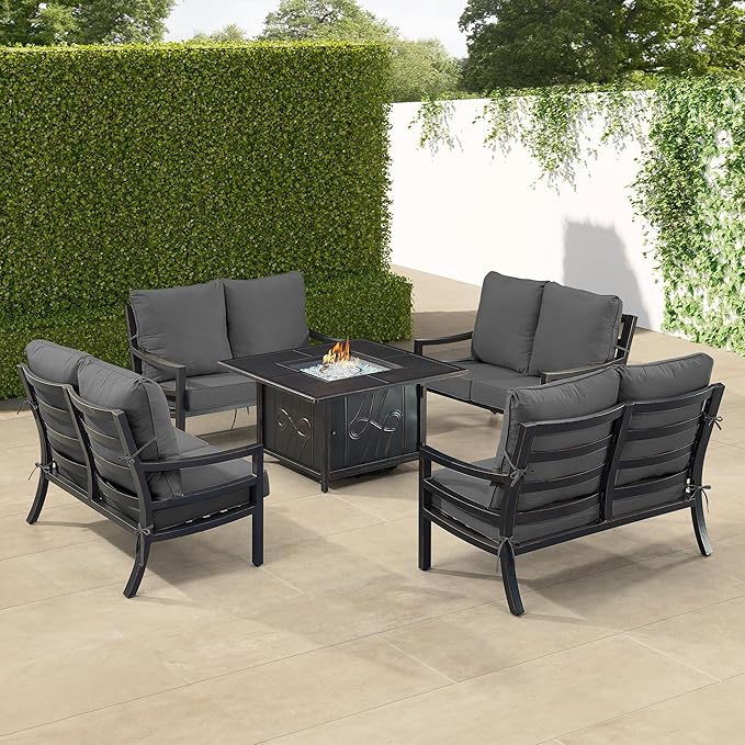 Oakland Living Black Aluminum Patio Fire Table Set with Four Deep Seating Loveseat with Cushions with Black Cushions
