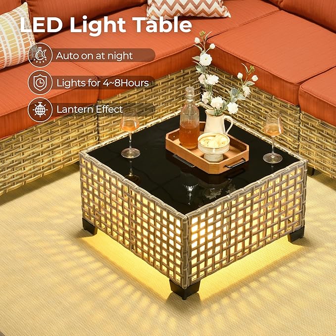 HOOOWOOO Outdoor Sectional Patio Furniture Set with Fire Pit Table,10 Pieces Wicker Conversation Sets L Shaped Couch,Extra Deep Out Door Sofa Outside Furniture with Swivel Chairs,Brick Red