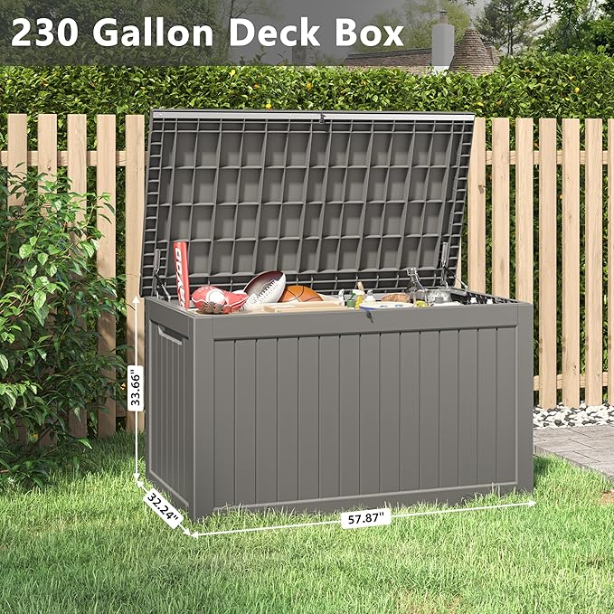 Outdoor Storage Box, 230 Gallon Deck Box, Waterproof and UV Resistant Large Resin Storage Bin, Organization and Storage for Patio Furniture, Outdoor Cushions, Garden Tools, Lockable