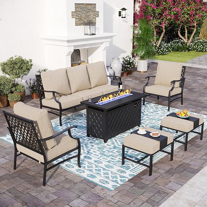 Patio Furniture Set with Firepit Table, Metal Outdoor Patio Furniture, 2 Single Chairs, 3 Seater Sofa, 2 Ottomans with 5.75" Extra Thick Cushion and Gas Firepit Table for Backyard Deck