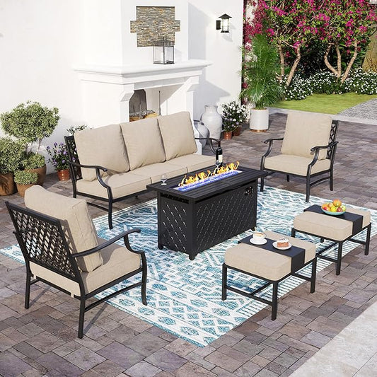 Patio Furniture Set with Firepit Table, Metal Outdoor Patio Furniture, 2 Single Chairs, 3 Seater Sofa, 2 Ottomans with 5.75" Extra Thick Cushion and Gas Firepit Table for Backyard Deck