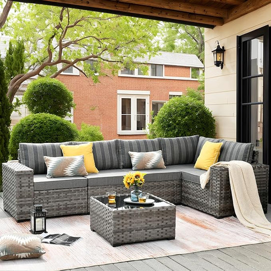 ovios 6 Pieces Patio Furniture Set, Outdoor Wicker Sectional Sofa with Glass Table Comfy Cushions, Modern Modular Deep Seat Couch Rattan Conversation Set, Dark Gray Stripe