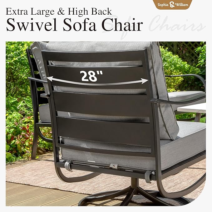 Sophia & William 2 Pieces Patio Furniture Sets Metal Sofa Chairs Patio Cushion Armchairs Swivel Sofa Chairs with Removable Cover for Garden Backyard Poolside Grey