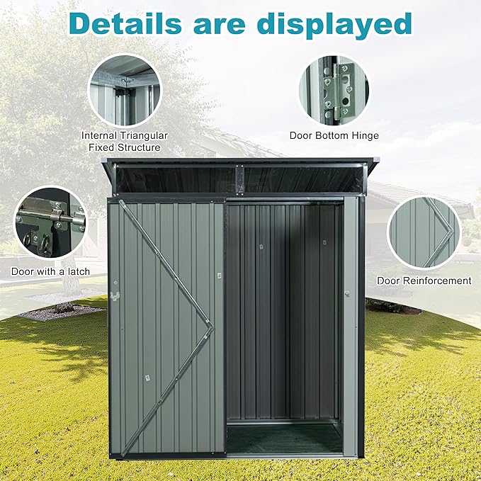Sheds & Outdoor Storage 5ft x 3ft Metal Storage Shed with Transparent Plate, Hinged Door Design Small Garden Tool Storage Cabinet for Backyard, Patio, Poolside, Gray