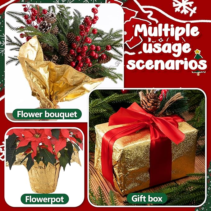 Adnee 2 Roll 10 Yard Floral Foil Plant Pot Covers,Matte Texture Christmas Plant Pot Foil,Golden Floral Pot Wrapping Paper for Christmas Home Flower Pot DIY decor