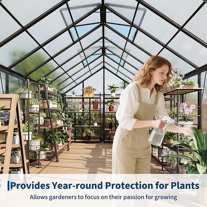 8x16 FT Polycarbonate Greenhouse,Large Walk-in SturdyOutdoor Aluminum Frame Greenhouse with Roof Vent, Lockable Push Door,for Garden, Backyard, Patio & Lawn(Black)