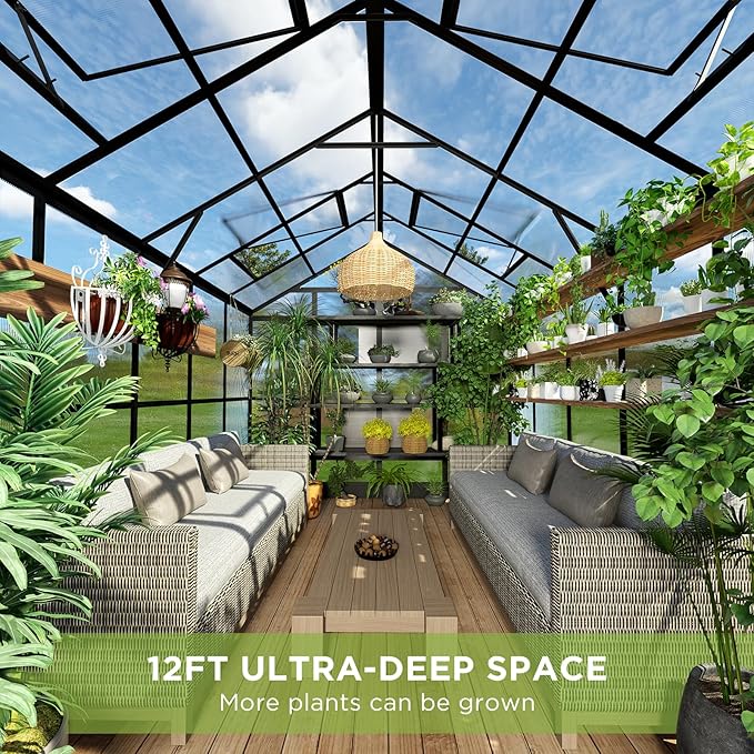 HOWE 8x12x7.5 FT Polycarbonate Greenhouse Double Swing Doors 4 Vents 5.2FT Added Wall Height, Walk-in Large Aluminum Greenhouse Sunroom Winter Greenhouse for Outdoors, Black