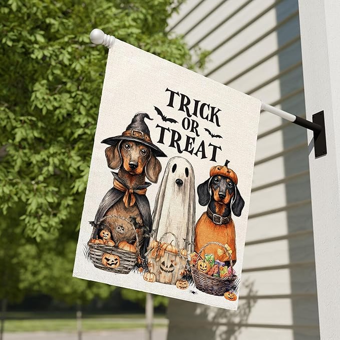 Trick or Treat Halloween Garden Flag for Outside, 12x18 Inch Double Sided Halloween Dog Pumpkin Ghost Bats Yard Flag, Farmhouse Small Yard Flags for Outdoor Decorations, Holiday Decor Gifts-A04