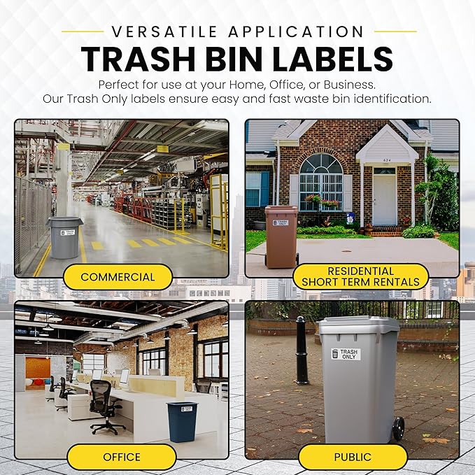 Trash Sticker for Outdoor Trash Can, Garbage Can - 3-5 Year Indoor/Outdoor Rated - Heavy Duty, Weather Proof, Ultra Durable - USA Made (6x2 inch), 4 Labels