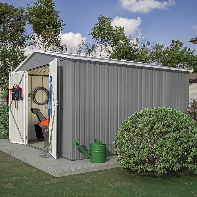 10×10 FT Outdoor Storage Shed,Metal Aluminum Waterproof Tool Sheds with Doors and Vents,Heavy-Duty Sheds Unit W/Lock and Key,for Storing Bicycles,Lawnmowers,Barbeques,Gray