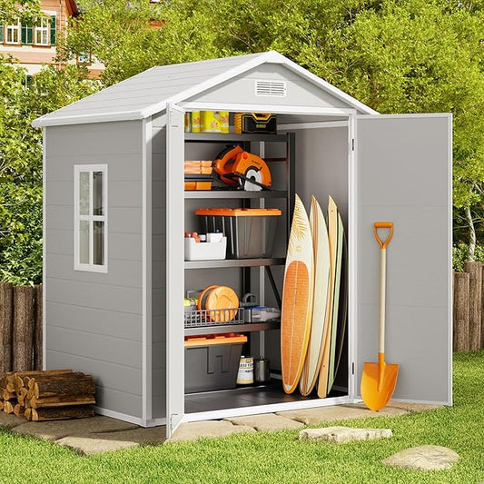 Gizoon 6x4.4 FT Resin Storage Shed Outdoor, Resin Shed with Floor, Garden Shed Weather Resistant Plastic Tool Shed with Lockable Door for Backyard, Garden, Patio, Lawn, Grey