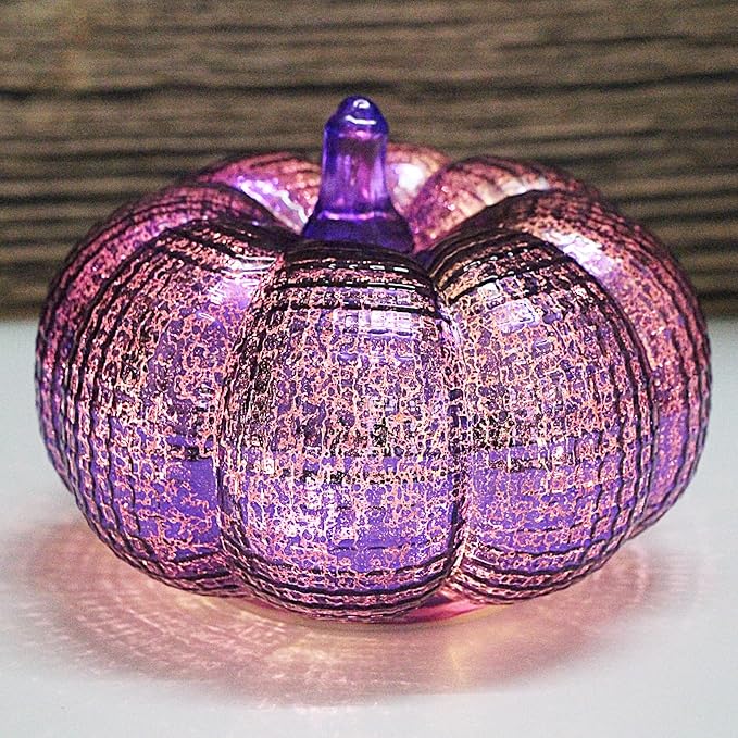 Mercury Glass Pumpkin Lights with Timer, Battery Operated Led Pumpkin Lights for Halloween Fall,Thanksgiving Rustic Decor (Purple Grid-Patterned, 5.5")