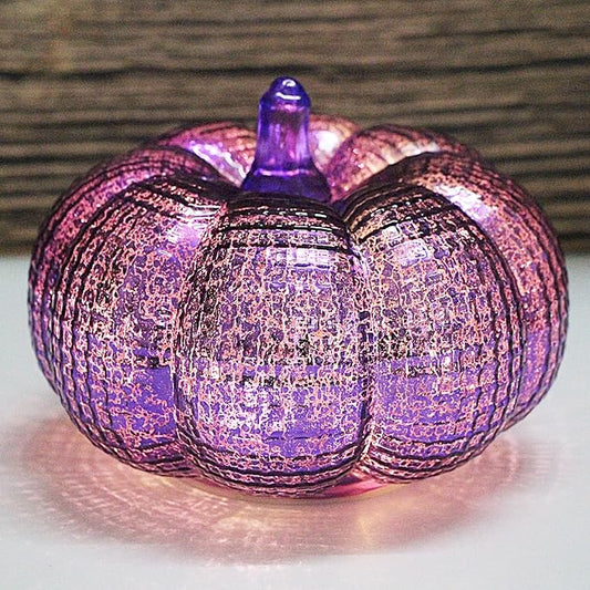 Mercury Glass Pumpkin Lights with Timer, Battery Operated Led Pumpkin Lights for Halloween Fall,Thanksgiving Rustic Decor (Purple Grid-Patterned, 5.5")