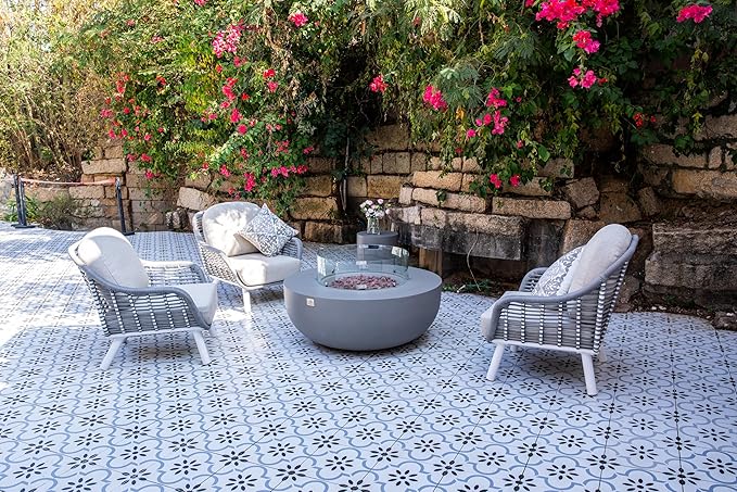 AMS Creations | Eclipse 44" Bundle Round Cast Concrete Propane Gas Fire Pit Bowl Table | Light Gray | Smooth Texture Surface | Electronic Ignition | Outdoor Patio Heater Outside Backyard Fireplace