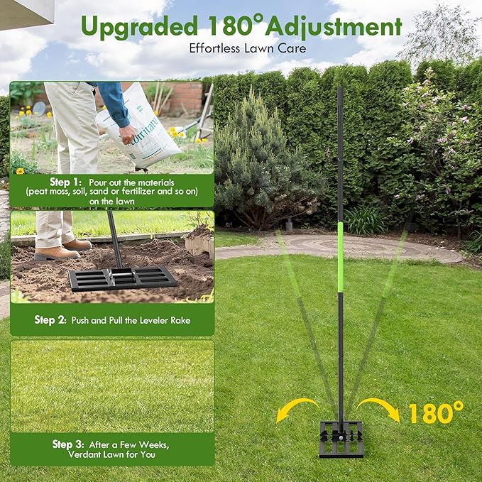 Seeutek Lawn Leveling Rake, 17” x 10” Lawn Leveler with 6.5FT Durable Handle Rakes for Lawns, 0-180° Adjustable Ground Leveler Tool for Yard, Level Soil Sand Dirt Surfaces