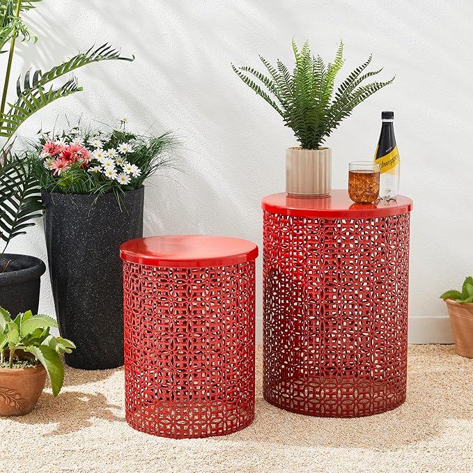 Glitzhome Outdoor Side Table Set of 2, Decorative Garden Stool for Indoor Outdoor Heavy Duty Metal Frame Accent Table Modern End Table, Glossy Red