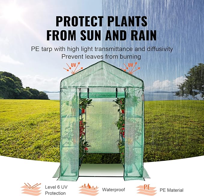 VEVOR Walk-in Green House, 55.5 x 55.5 x 78.7 inch, Portable Greenhouse with Shelves, High Strength PE Cover with Roll-up Zipper Door and Steel Frame, Set Up in Minutes, for Planting and Storage