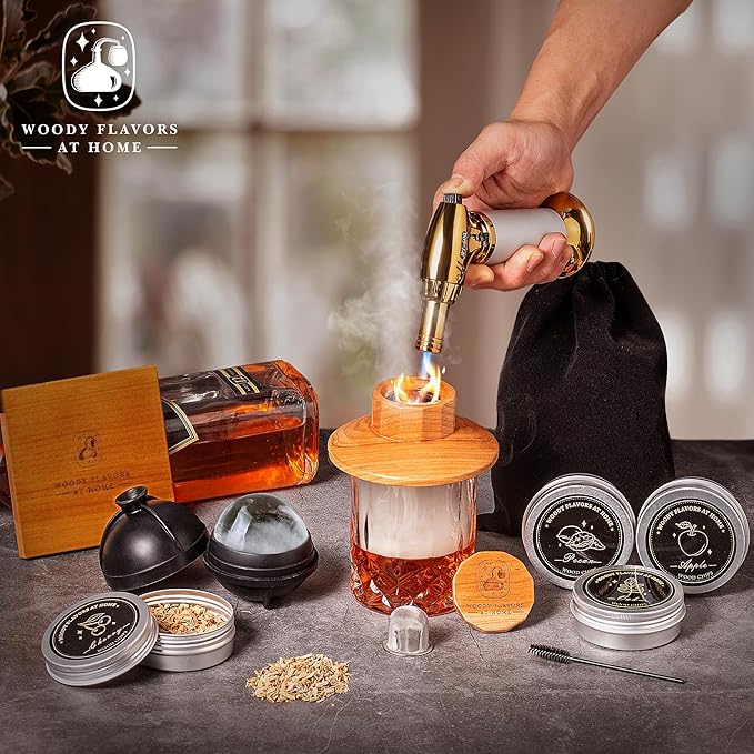 Old Fashioned Cocktail Smoker Kit for Whiskey, Bourbon, and Drinks with Cherry Smoker, Natural Wood Chip Flavors, Culinary Torch, Ice Cube Spheres, 2 Coasters, 2 Glasses