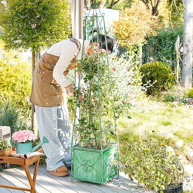 Sungmor Garden Obelisk Trellis with Planter Box - 5ft Metal Climbing Plant Support Tower with Bird Finial - Decorative Outdoor Wrought Iron Trellis for Roses, Clematis, Vines, Ivy - Distressed Green