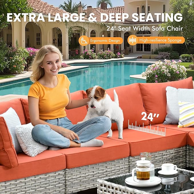 Outdoor Sectional Patio Furniture Set with Glowing Table,7 Pieces Wicker Conversation Sets L Shaped Couch Out Door Sofa Set Outside Furniture for Garden Deck Yard Porch,Red