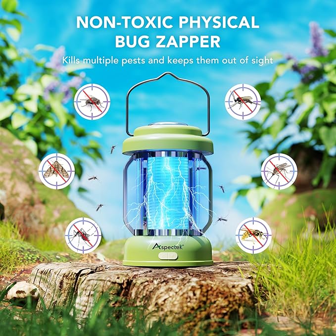 ASPECTEK Waterproof Bug Zapper Lantern – Portable Rechargeable Mosquito Zapper and Fly Trap Light, Cordless Electric Insect Killer with Type-C Charging, Indoor/Outdoor Use for Patio, Camping, Garden