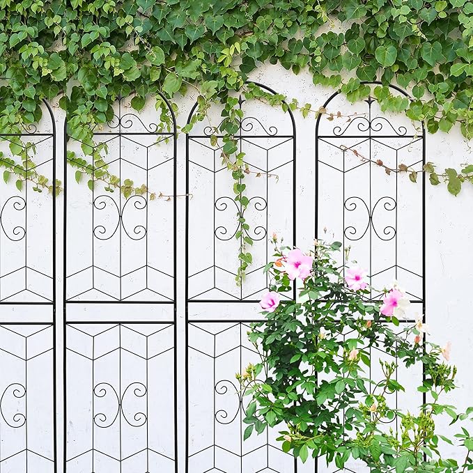 4 Pack Metal Garden Trellis 86.7" Tall Outdoor Climbing Plant Support for Roses, Flowers, Rustproof Durable Black Galvanized Tube, Lawn Garden Fence Decor Screen (4, Castle-86.7" H)