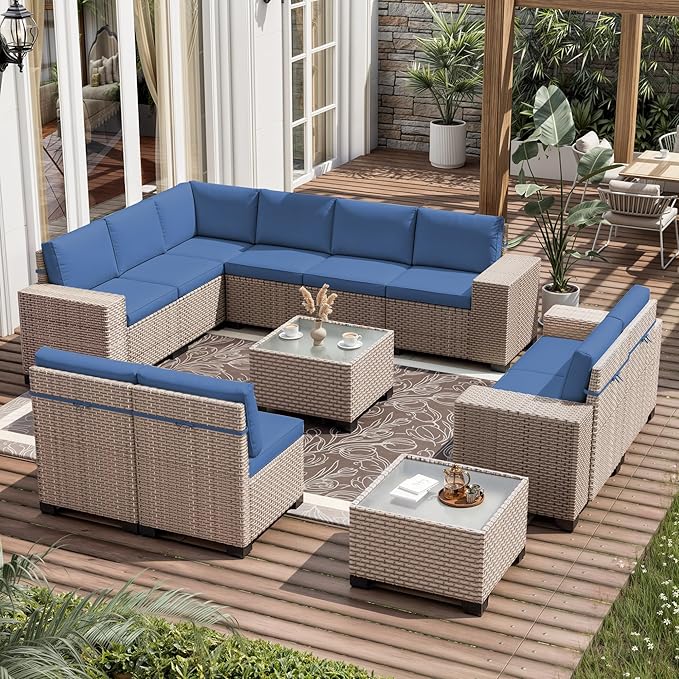 12 Pieces Patio Furniture Set, Outdoor Sectional Wicker Sofa with Thickened Cushions and Coffee Table, High Back Rattan Patio Conversation Sets for Garden Backyard, Navy