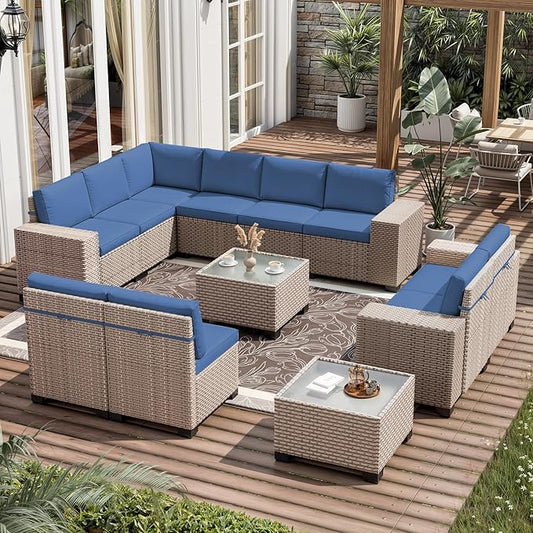 12 Pieces Patio Furniture Set, Outdoor Sectional Wicker Sofa with Thickened Cushions and Coffee Table, High Back Rattan Patio Conversation Sets for Garden Backyard, Navy