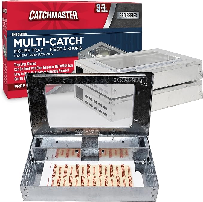 Catchmaster Pro Series Multi-Catch Mouse Trap 3-Pack, Humane Mouse Traps Indoor for Home, Includes Replaceable Glue Board, Pet Safe Pest Control, Live Catch for Garage & Shed