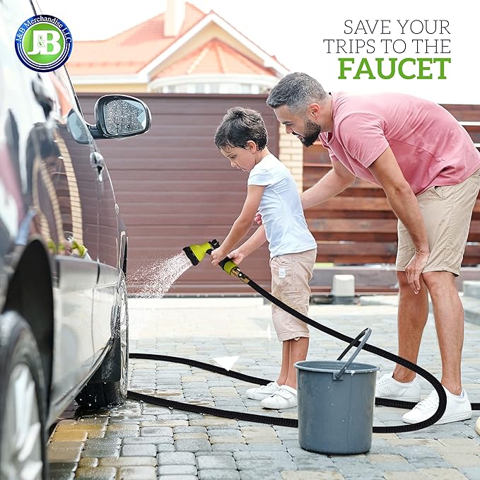 J&B XpandaHose 100ft Expandable Garden Hose with Holder - Heavy Duty Superior Strength 3750D - 4 -Layer Latex Core - Extra Strong Brass Connectors and 10 Spray Nozzle w/Storage Bag (Black 100)